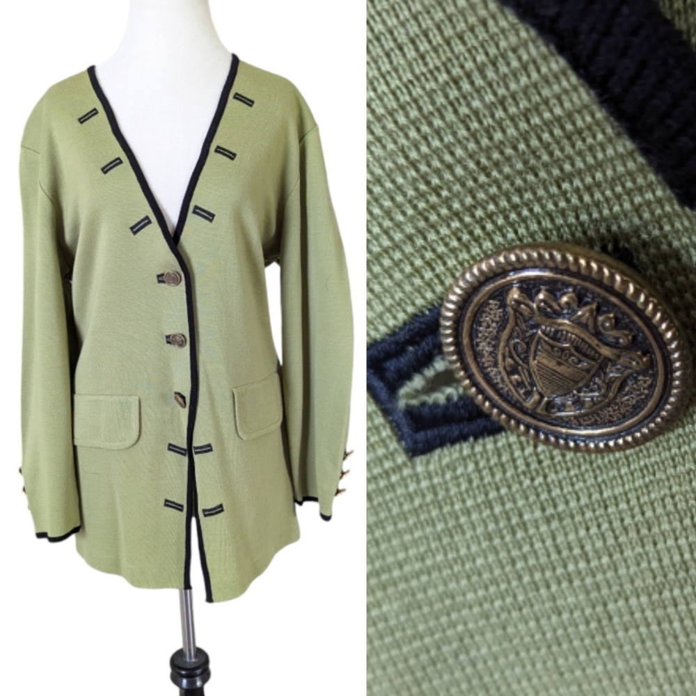 Vintage Jacques Vert Cardigan Jacket Sz 2 US Large Wool Blend Gold Button Green